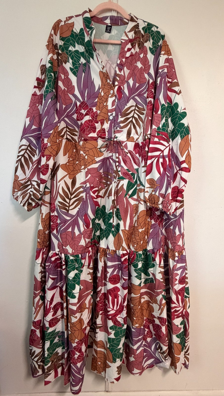 Curve Tropical Patchwork Maxi Dress 4XL 20 22 Tiered Long Sleeve Boho New Plus
